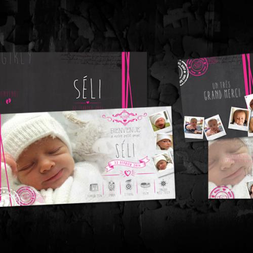 Conception et création de faire-part de naissance & son carton de remerciements / ©freevector.com - ©komkstudio.com